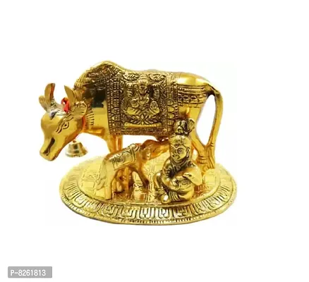 Rci Handicrafts Gold Plated Cow with Calf and Ladoo Gopal JI , Cow with Krishna Lord Krishna With Cow Gold plated cow and little kanha home decor Decorative Showpiece