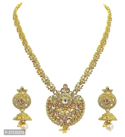 Gold Plated Traditional Long Copper Pearl Kundan Necklace Set For Women-thumb0
