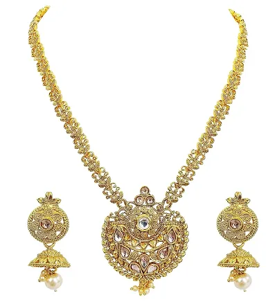 Gold Plated Traditional Long Copper Pearl Kundan Necklace Set For Women