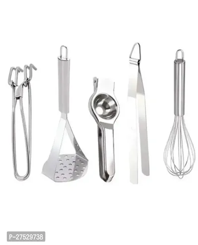 stainless steel whisker ,lemon squeezer, patato masher, tong , sansi kitchen tool set of 5-thumb0