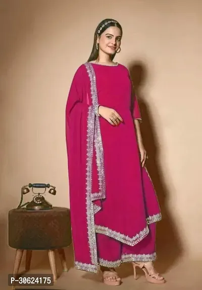 Elegant Pink Solid Georgette Kurta Pant Set With Dupatta For Women