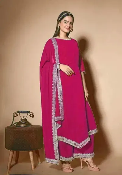 Elegant Solid Georgette Kurta Pant Set With Dupatta For Women