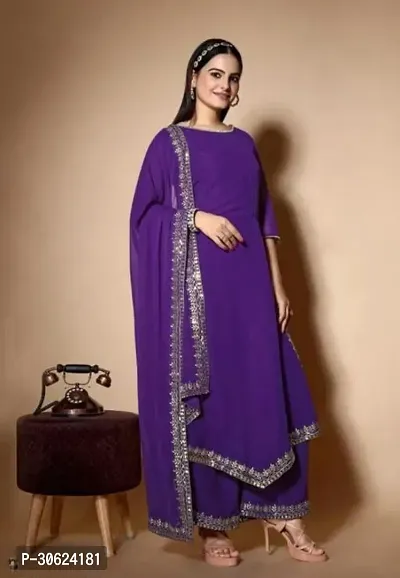 Elegant Purple Solid Georgette Kurta Pant Set With Dupatta For Women