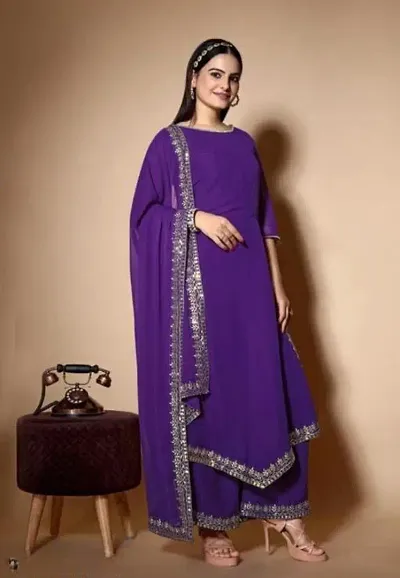 Elegant Solid Georgette Kurta Pant Set With Dupatta For Women