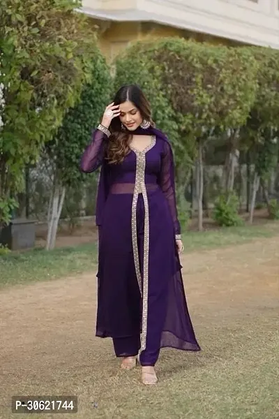 Stylish Georgette Kurta With Pant And Dupatta Set For Women-thumb3