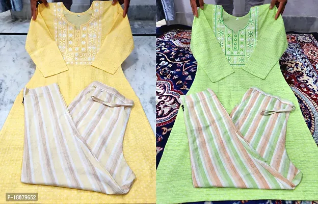 Elegant Embroidered Khadi Cotton Kurta with Pant Set For Women- Pack Of 2-thumb0