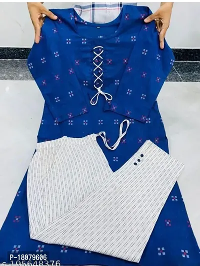 Elegant Blue Printed Khadi Cotton Kurta with Pant Set For Women-thumb0