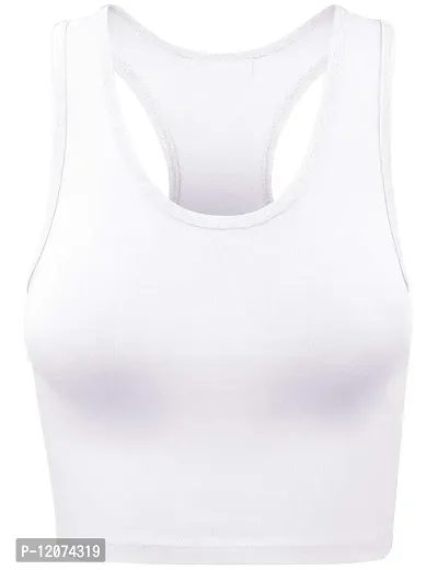 THE BLAZZE Women's Cotton Racerback Basic Crop Tank Tops (Large, White White)-thumb2