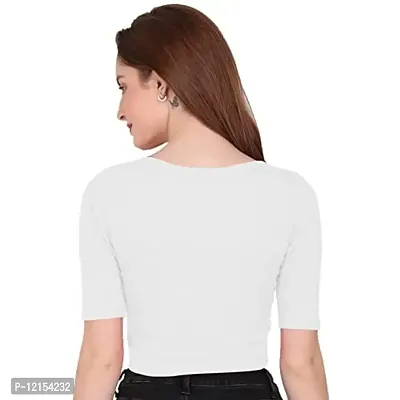 THE BLAZZE 1055 Women's Basic Sexy Solid Scoop Neck Slim Fit Short Sleeves Crop Tops (Large(34?-36""), B - White)-thumb3