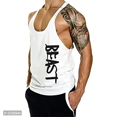 THE BLAZZE Men's Beast Tank Tops Muscle Gym Bodybuilding Vest Fitness Workout Train Stringers (M, White)-thumb2