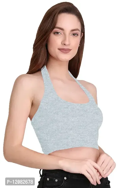 THE BLAZZE 1294 Women's Basic Sexy Solid Halter Neck Slim Fit Sleeveless Crop Top T-Shirt for Women (XX-Large, Light Blue)-thumb5