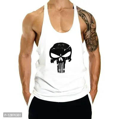 THE BLAZZE Men's Skull Print Stringer Y Back Bodybuilding Gym Tank Tops Workout Fitness Vest (XX-Large(44?/110cm - Chest), White)