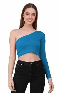 THE BLAZZE 1289 Women's Cotton One Shoulder Full Sleeve Crop Tops (Medium, Turquoise Blue)-thumb3