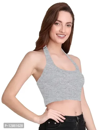 THE BLAZZE 1290 Women's Basic Sexy Solid Slim Fit Sleeveless Saree Readymade Saree Blouse Crop Top T-Shirt for Women (Medium, Grey)-thumb1