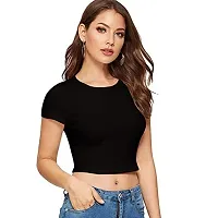 THE BLAZZE 1261 Women's Basic Sexy Solid Crew Neck Slim Fit Sleeveless Crop Top Shorts T-Shirt for Women (XL, Black)-thumb1