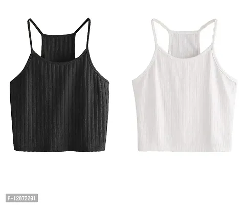 THE BLAZZE Women's Summer Basic Sexy Strappy Sleeveless Racerback Camisole Crop Top (Small, Black White)