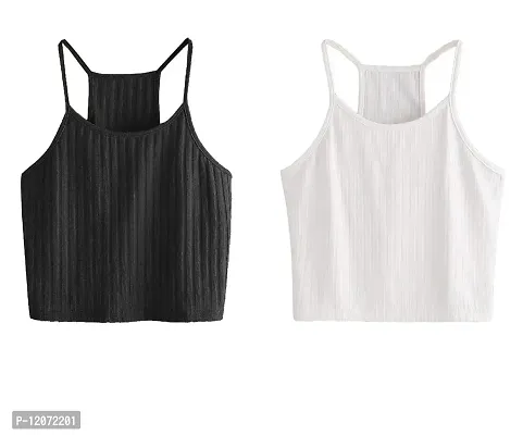 THE BLAZZE Women's Summer Basic Sexy Strappy Sleeveless Racerback Camisole Crop Top (Small, Black White)-thumb0