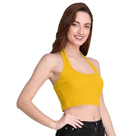 THE BLAZZE 1290 Women's Basic Sexy Solid Slim Fit Sleeveless Saree Readymade Saree Blouse Crop Top T-Shirt for Womens (Small, Yellow)