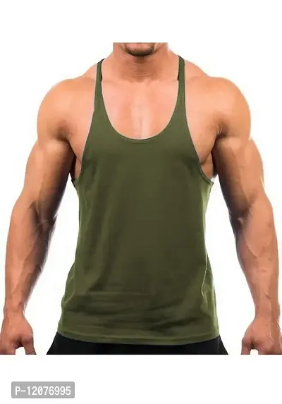 THE BLAZZE Men's Bodybuilding Gym Solid Color Tank Top Stringers (Large, Army Green)-thumb0