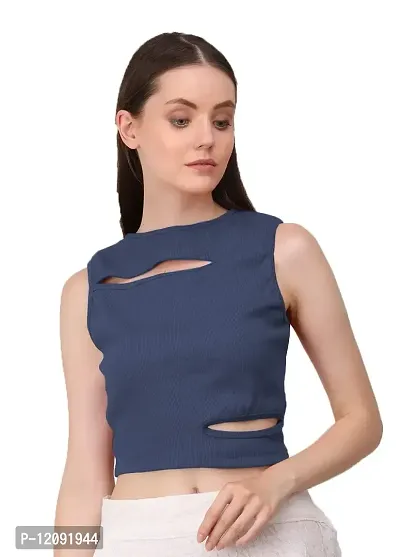 AD2CART A1677 Women's Solid Crew Neck Stretchy Cut Out Ribbed Crop Top(XL, Color_03)