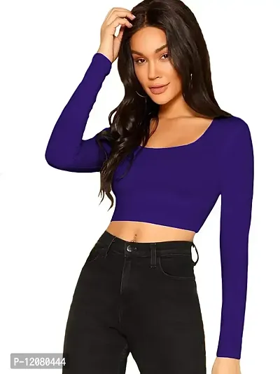 THE BLAZZE 1059 Women's Basic Sexy Solid Scoop Neck Slim Fit Full Sleeve Crop Top T-Shirt For Women-thumb0