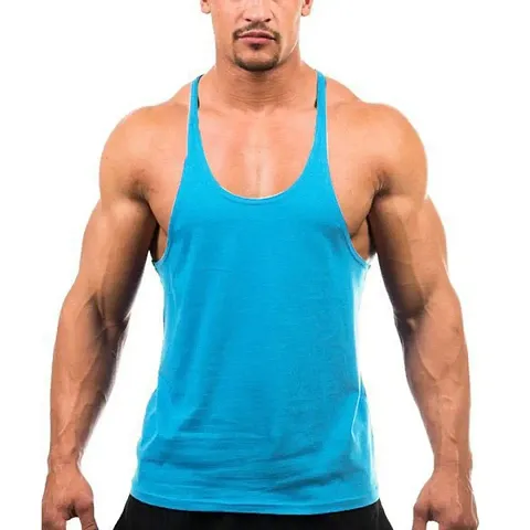 THE BLAZZE Men's Bodybuilding Gym Solid Color Tank Top Stringers (Small, Blue)