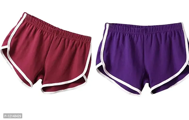 THE BLAZZE Women Sports Shorts Gym Workout Yoga Short Pack of 2 (M, Maroon+Purple)-thumb0