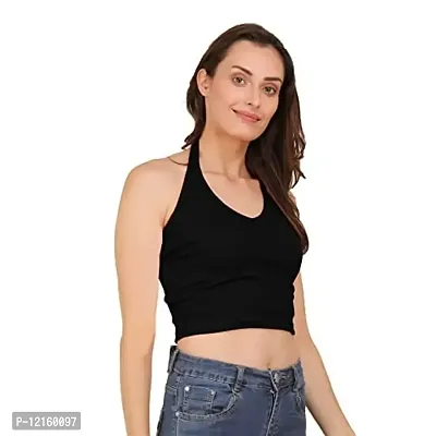 AD2CART A1592 Women's Casual Stretchy V Halter Neck Sleeveless Crop Tops for Women (XS, Color_01)
