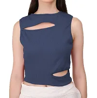 AD2CART A1677 Women's Solid Crew Neck Stretchy Cut Out Ribbed Crop Top-thumb4