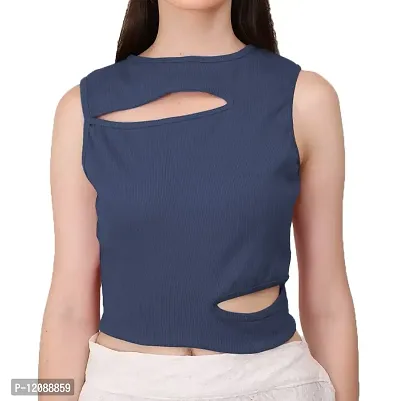 AD2CART A1677 Women's Solid Crew Neck Stretchy Cut Out Ribbed Crop Top-thumb5