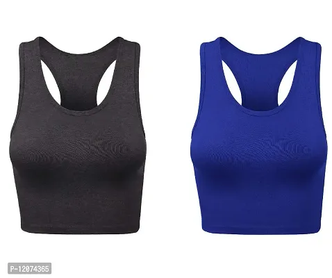 THE BLAZZE Women's Cotton Racerback Basic Crop Tank Tops (Small, Charcoal Melange Royal Blue)