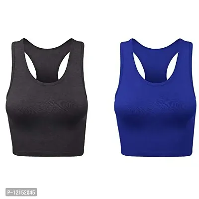 THE BLAZZE Women's Cotton Racerback Basic Crop Tank Tops (Large, Charcoal Melange Royal Blue)