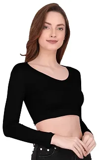 THE BLAZZE 1109 Women's Cotton Basic Sexy Solid V Neck Slim Fit Full Sleeve Saree Readymade Saree Blouse Crop Top T-Shirt for Women-thumb4