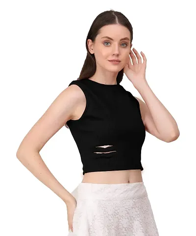 AD2CART A1678 Women's Solid Crew Neck Stretchy Cut Out Ribbed Crop Top for Women