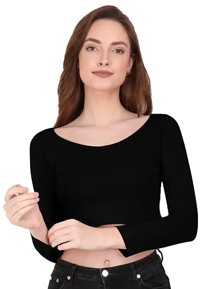 THE BLAZZE 1059 Women's Basic Sexy Solid Scoop Neck Slim Fit Full Sleeve Crop Top T-Shirt for Women (XX-Large, Black)