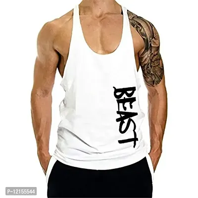 THE BLAZZE Men's Beast Tank Tops Muscle Gym Bodybuilding Vest Fitness Workout Train Stringers (M, White)-thumb0