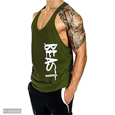 THE BLAZZE Men's Bodybuilding Gym Solid Color Tank Top Stringers (L, Army Green Beast)-thumb2