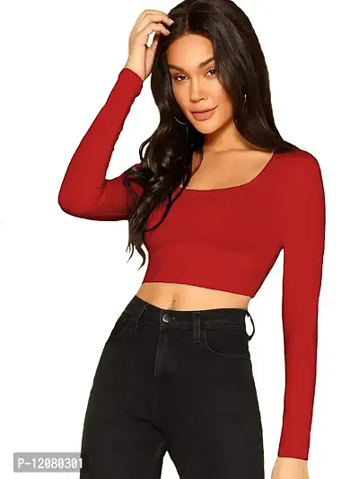 THE BLAZZE 1059 Women's Basic Sexy Solid Scoop Neck Slim Fit Full Sleeve Crop Top T-Shirt For Women