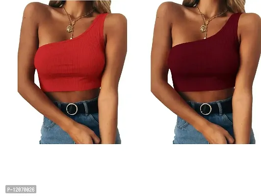 THE BLAZZE Women's Sleeveless Crop Tops Sexy Strappy Tees (M, Red+Wine Red)