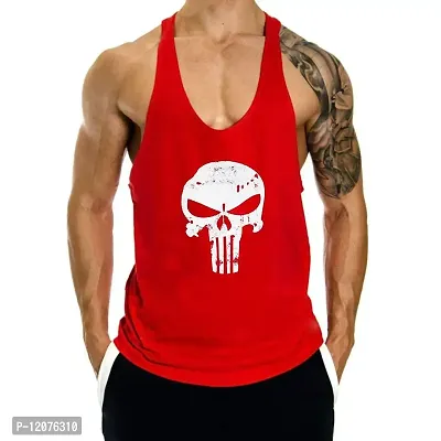 THE BLAZZE Men's Skull Print Stringer Y Back Bodybuilding Gym Tank Tops Workout Fitness Vest (X-Large(42?/105cm - Chest), Red)