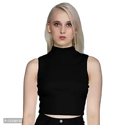 AD2CART A1748 Women's Basic Solid Turtle Neck Sleeveless Stretchable Ribbed Crop Top for Women Stylish Western (Large, Black)