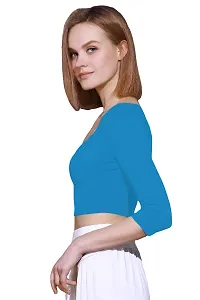 THE BLAZZE 1057 Women's Basic Sexy Solid Scoop Neck Slim Fit 3/4 Sleeve Crop Top (Medium(32""-34""), F - Turquoise Blue)-thumb3