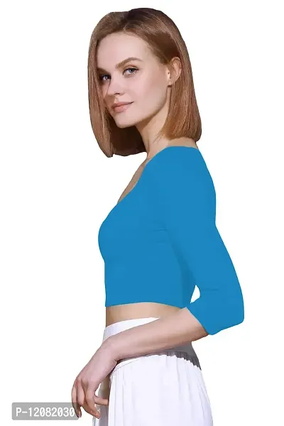 THE BLAZZE 1057 Women's Basic Sexy Solid Scoop Neck Slim Fit 3/4 Sleeve Crop Top (Medium(32""-34""), F - Turquoise Blue)-thumb4