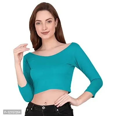 THE BLAZZE 1304 Sexy Women's Cotton Scoop Neck Full Sleeve Tank Crop Tops Bustier Bra Vest Crop Top Bralette Readymade Saree Blouse for Women's (Medium, Turquoise Blue)-thumb3