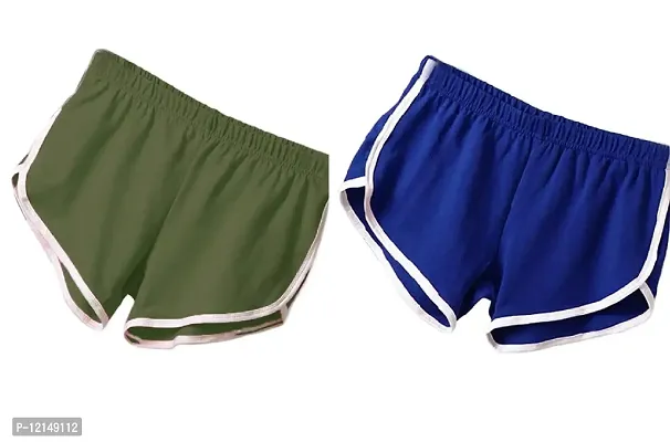 THE BLAZZE Women Sports Shorts Gym Workout Yoga Short Pack of 2 (S, Green+Royal Blue)