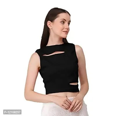 AD2CART A1677 Women's Solid Crew Neck Stretchy Cut Out Ribbed Crop Top(XL, Color_01)-thumb3