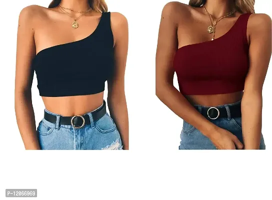 THE BLAZZE Women's Sleeveless Crop Tops Sexy Strappy Tees (M, Black+Wine Red)