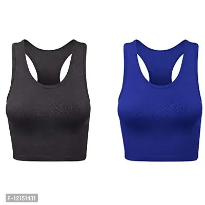 THE BLAZZE Women's Cotton Racerback Basic Crop Tank Tops (Large, Charcoal Melange Royal Blue)-thumb0