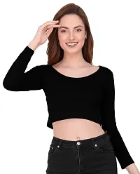 THE BLAZZE 1059 Women's Basic Sexy Solid Scoop Neck Slim Fit Full Sleeve Crop Top T-Shirt for Women (XS, A - Black)-thumb3