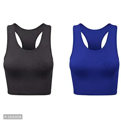 THE BLAZZE Women's Cotton Racerback Basic Crop Tank Tops (Small, Charcoal Melange Royal Blue)-thumb0